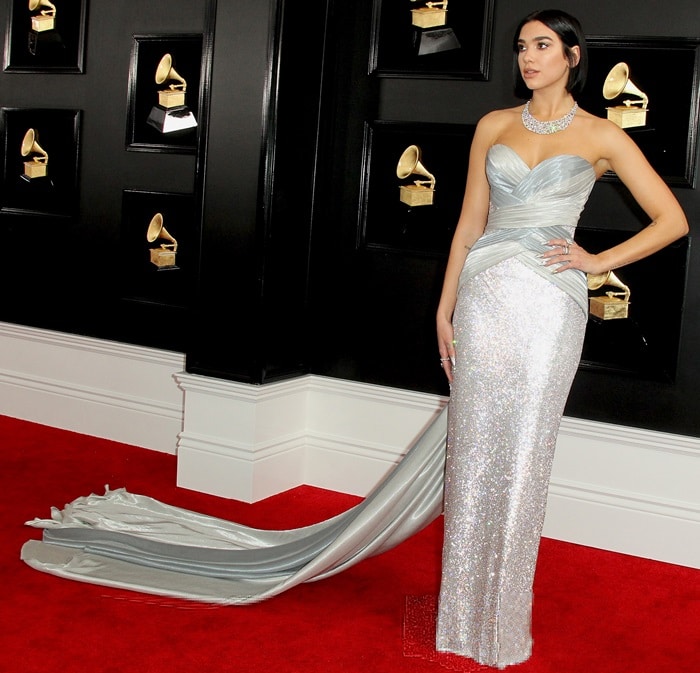 Red carpet royalty: Dua Lipa in an Atelier Versace corset gown at the 2019 Grammy Awards, Los Angeles