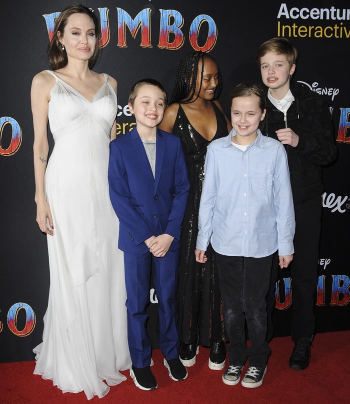 Angelina Jolie with four of her kids on the red carpet at the Dumbo premiere at the El Capitan Theatre in Los Angeles on March 11, 2019