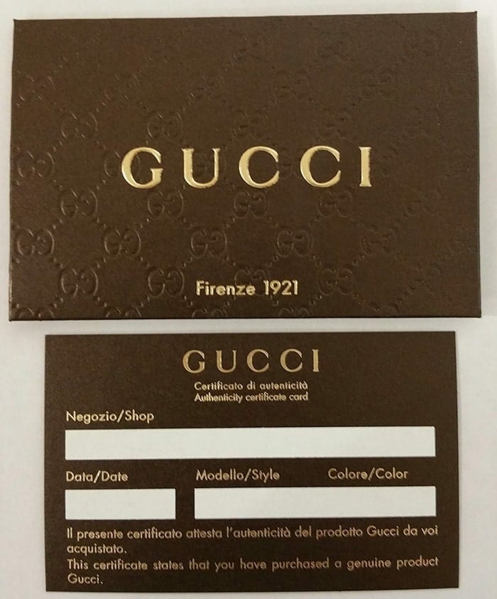 The Gucci “Firenze 1921” card, embossed with the house’s signature GG motif, is included with select authentic styles as an additional mark of authenticity