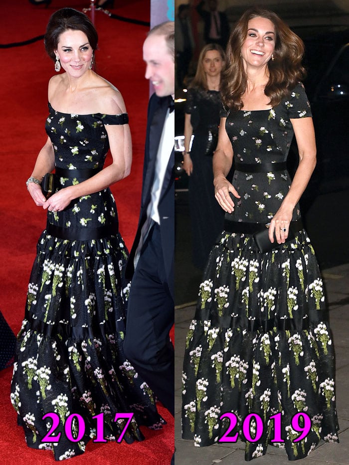 Kate Middleton stuns in her recycled Alexander McQueen black floral gown, transformed from an off-shoulder design in 2017 to a square-necked style in 2019