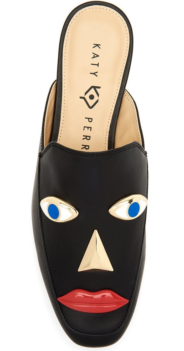 The black version of the Rue Face loafer displays the Katy Perry brand logo on the insole alongside the face-inspired design elements