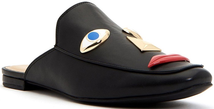 This black Rue Face loafer profile highlights the high-contrast surrealist facial features that led to public controversy