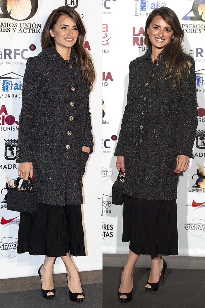 Penélope Cruz in a Chanel Fall 2018 long bouclé coat and Christian Louboutin peep-toe pumps at the 2019 Union De Actores Awards at the Circo Price Theatre in Madrid, Spain, on March 11, 2019
