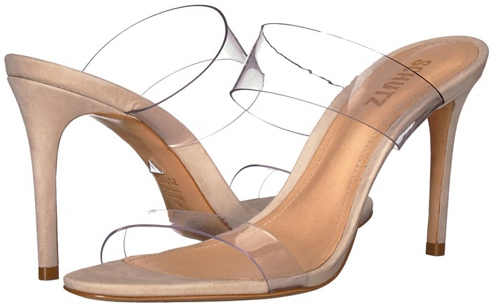 The beige version of Schutz’s Ariella sandals softened the clear vinyl trend with suede-covered stiletto heels and transparent straps that created a sleek, leg-lengthening effect