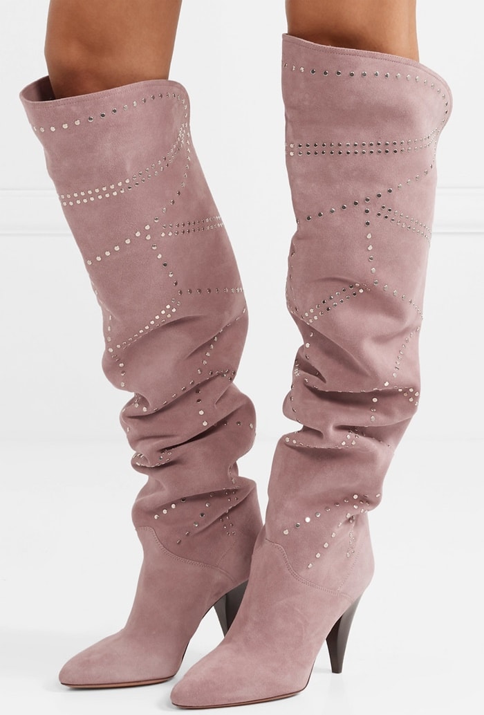 This slouchy pair is made from lilac suede and embellished with studs in a cool geometric pattern