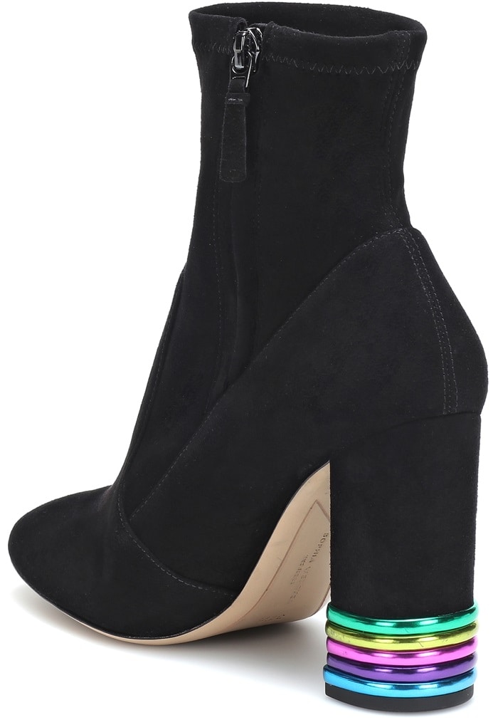 Chic black suede ankle boot with a metallic panel detail heel