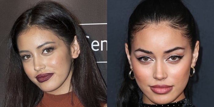 A side-by-side comparison shows Cindy Kimberly in February 2016 (left) and January 2020 (right), highlighting the evolution of her makeup, grooming, and styling rather than dramatic changes in facial features
