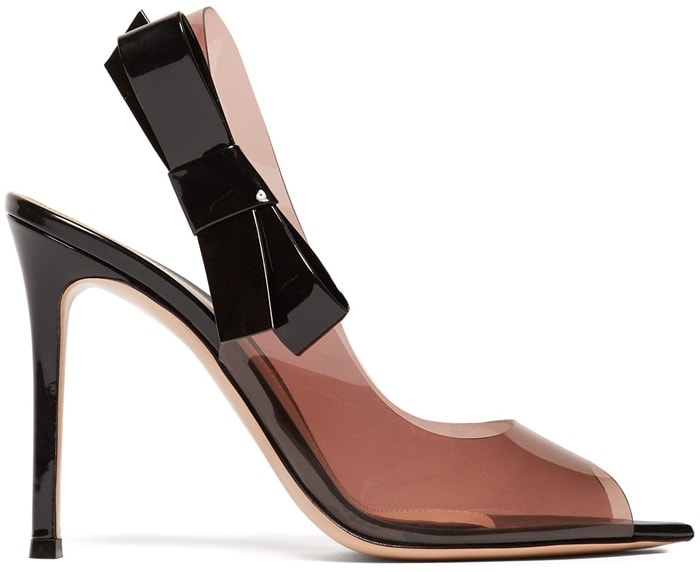 Gianvito Rossi Bow-Trim 105 slingback pump in burgundy-tinted PVC with black patent-leather bow and stiletto heel