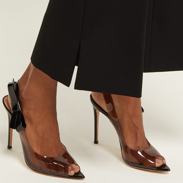 Gianvito Rossi translucent PVC peep-toe slingback pumps with black patent-leather bows and stiletto heels