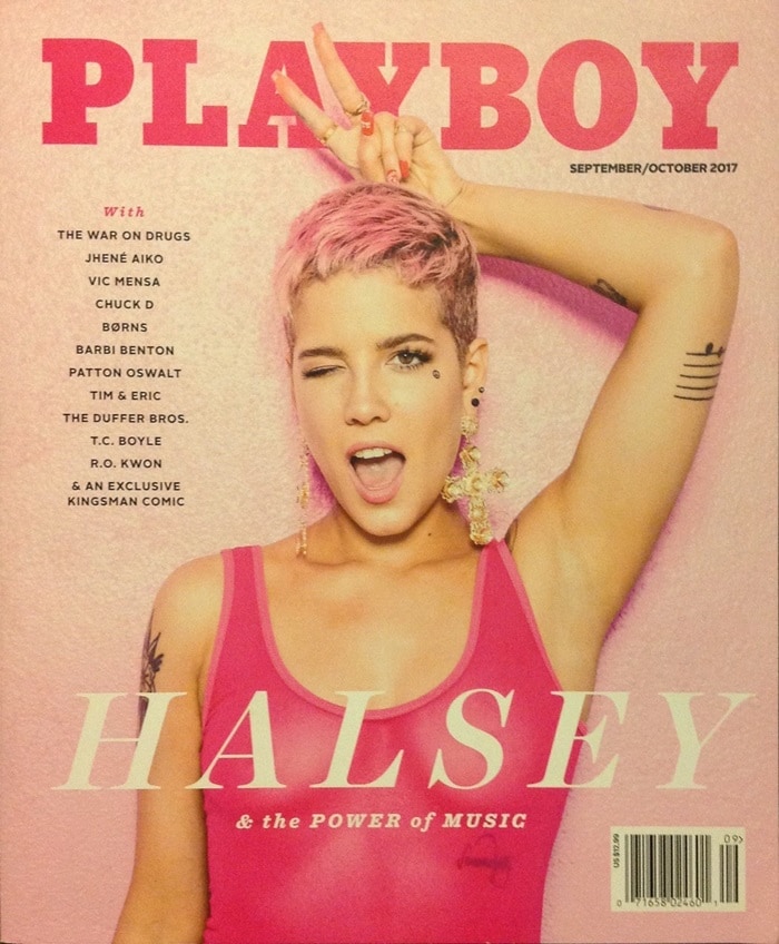 Halsey poses in a pink bodysuit on the cover of Playboy’s September/October 2017 Music Issue, a milestone that later inspired one of her most recognizable tattoos