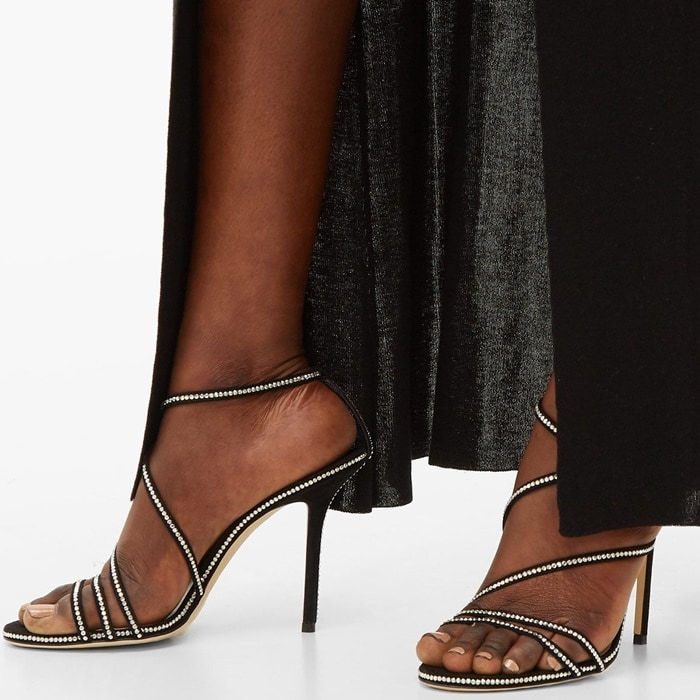 Jimmy Choo's black suede Dudette sandals channel the season's fondness for retro-tinged, barely there styles