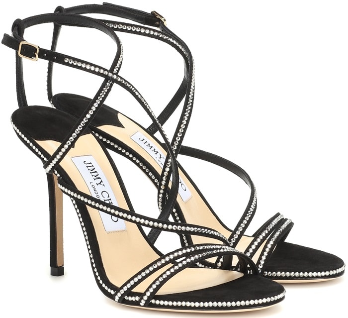 This style has been crafted from black suede and features shimmering crystals studded across the strappy upper