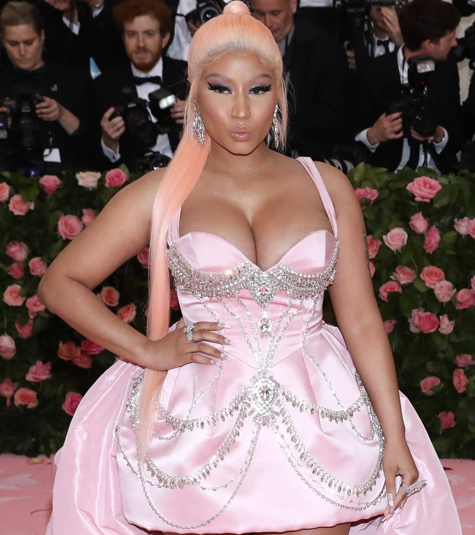 Nicki Minaj looked sad in a crystal-embellished Prabal Gurung blush dress
