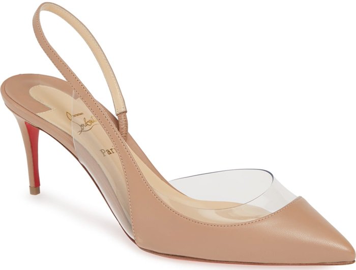 The beige Christian Louboutin Optisexy slingback combines smooth nude leather with a curved transparent PVC panel, creating a leg-lengthening silhouette finished with the brand’s signature red sole