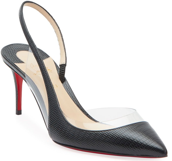 Crafted in textured black leather, this Christian Louboutin Optisexy slingback features a sleek pointed toe and clear side panel that highlights the shoe’s sculptural half d’Orsay design