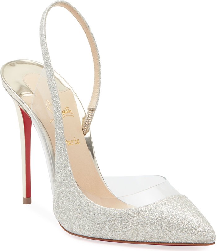 The glittering silver Christian Louboutin Optisexy slingback adds evening glamour with its shimmering finish, balanced by a transparent PVC insert and slender stiletto heel