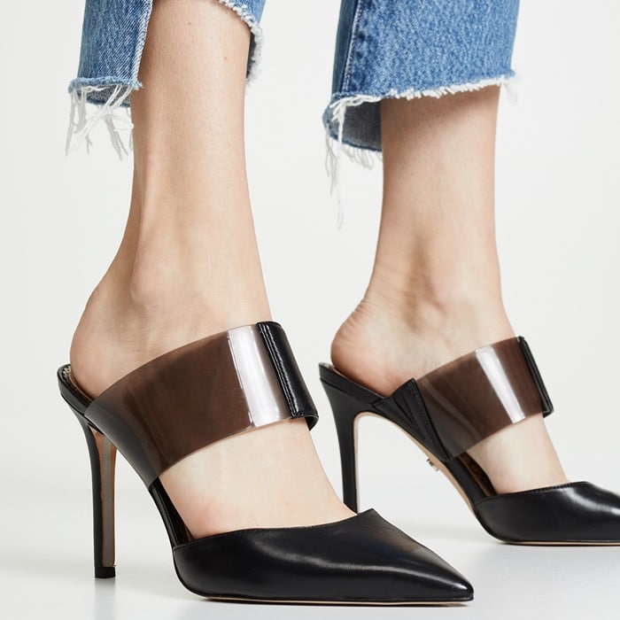 In black, the Sam Edelman Hope reveals how its clear PVC strap creates the illusion of a more minimal, barely-there upper