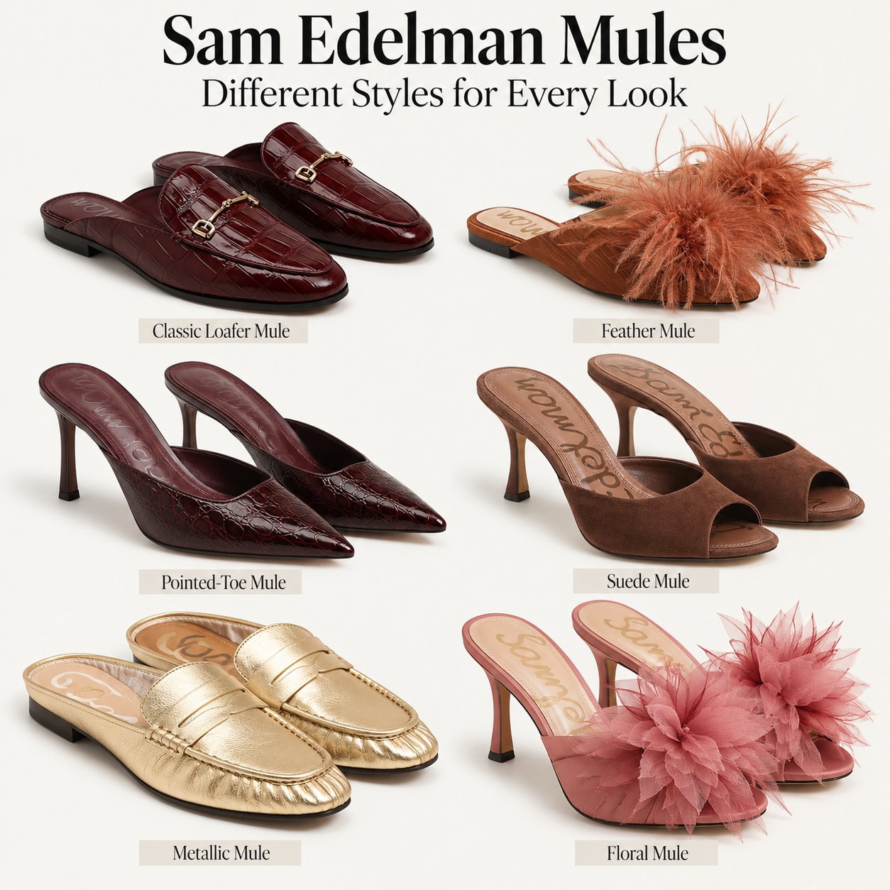 Sam Edelman mules comparison featuring loafer, feather, pointed-toe, suede, metallic, and floral styles