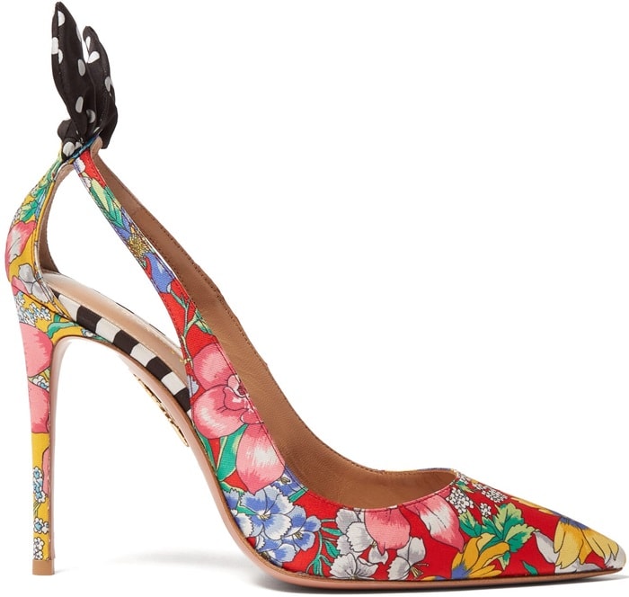 These shoes are crafted in Italy from floral-printed twill, then complemented with an adjustable polka-dot bow set over ample side cut-outs