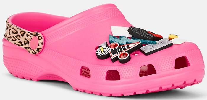 This bold hot-pink clog amps up the collaboration’s punk aesthetic with a leopard-print strap and oversized retro pop-culture charms