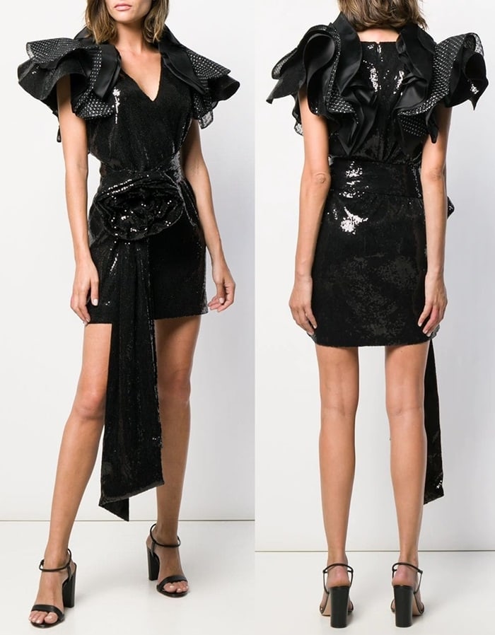 Black ruffled sleeve sequin dress from Redemption featuring a deep V neck, a concealed rear zip fastening, a belted waist, crystal embellishments, a short length and a flower detail