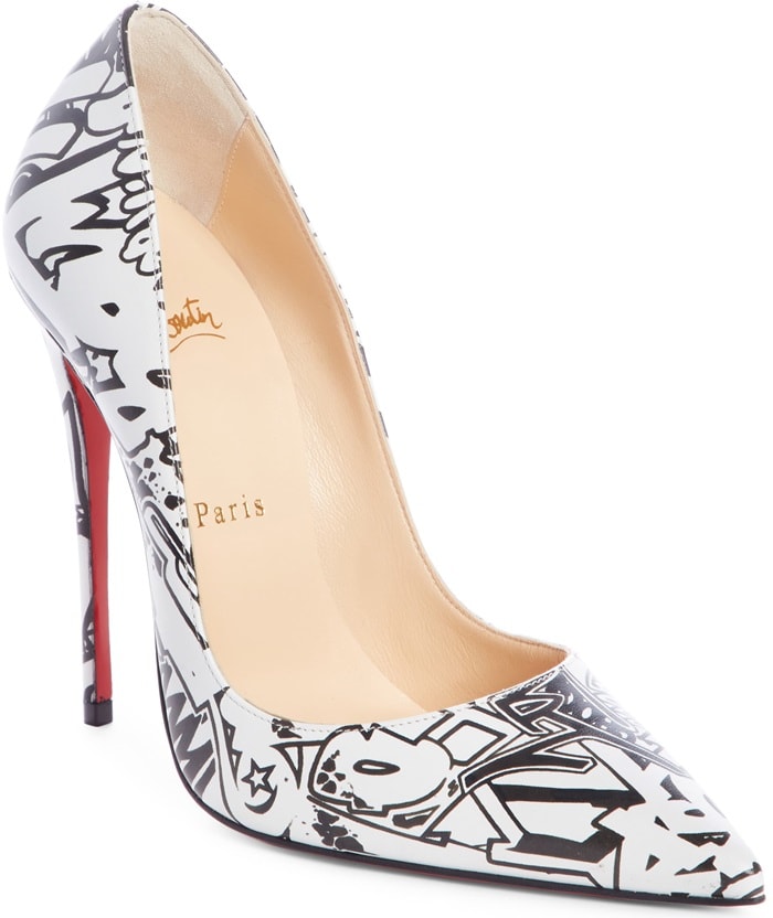 Stylized graffiti brings downtown cred to an uptown pump styled to be seen with a perfectly vertical stiletto and a curvy, plunging topline