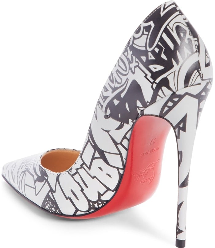 Stylized graffiti brings downtown cred to an uptown pump styled to be seen with a perfectly vertical stiletto and a curvy, plunging topline
