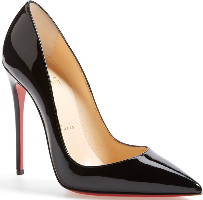 This glossy pump boasts Christian Louboutin's finest stiletto heel, set near-vertical to dramatically shape your gait into a jaw-dropping stride