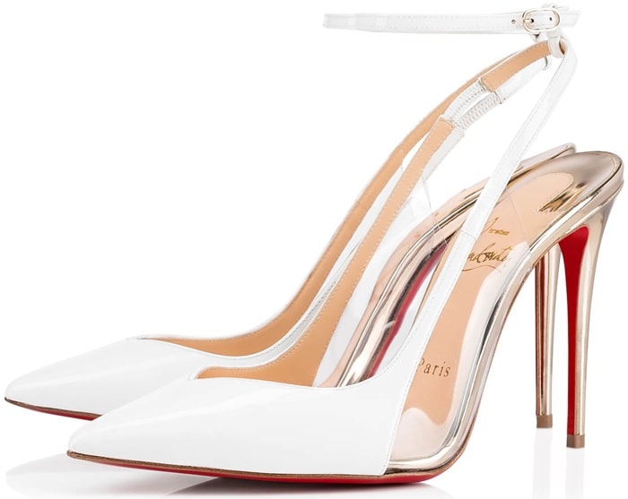 White patent leather and metallic gold accents give the Optichoc a cleaner, more sculptural look, highlighting the shoe's cutout construction and slender ankle strap