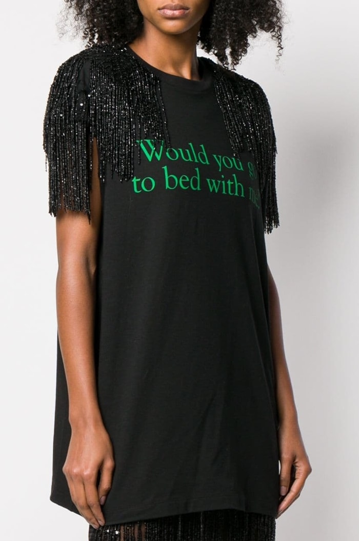 Christopher Kane's “Would You Go to Bed With Me?” T-shirt combines bold typography with shimmering fringe embellishments for a playful statement-making finish