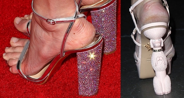 Holly Madison and Elizabeth Banks highlight the importance of foot care as they show visible cracked heels while wearing glamorous high-heeled sandals