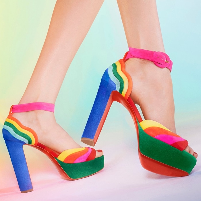 Christian Louboutin Degratissimo Alta platform sandals pair vibrant rainbow suede waves with towering block heels and matching platforms