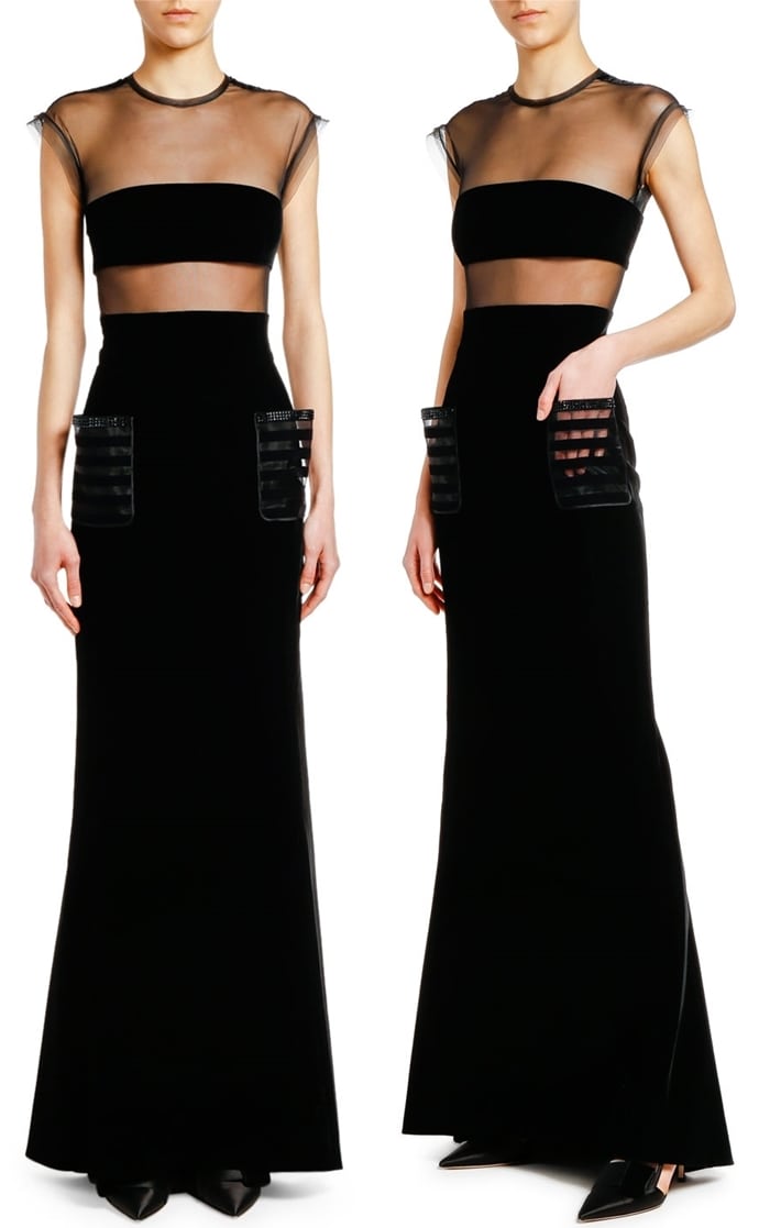 Giorgio Armani velvet gown, featuring semisheer tulle insets to create two-piece illusion