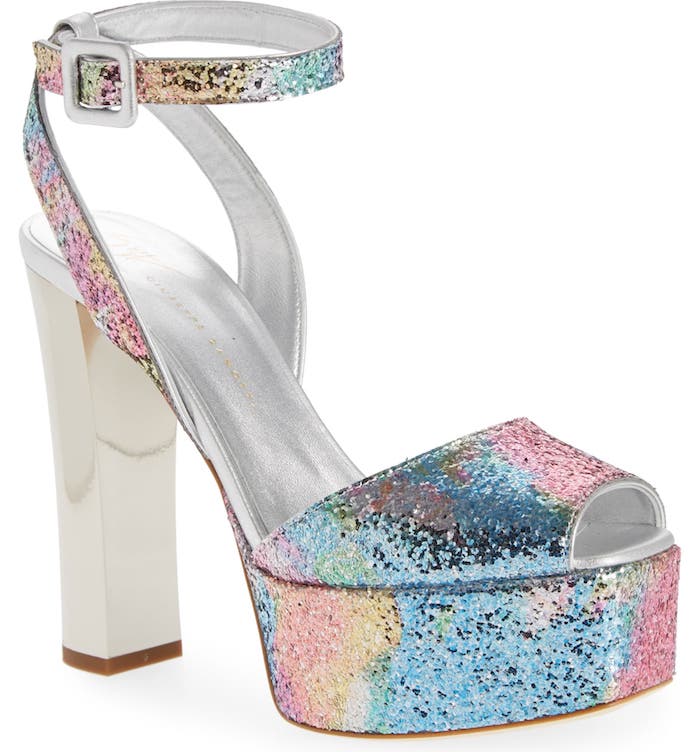 Giuseppe Zanotti Lavinia platform sandals shimmer with multicolored glitter across towering block heels and dramatic platform soles