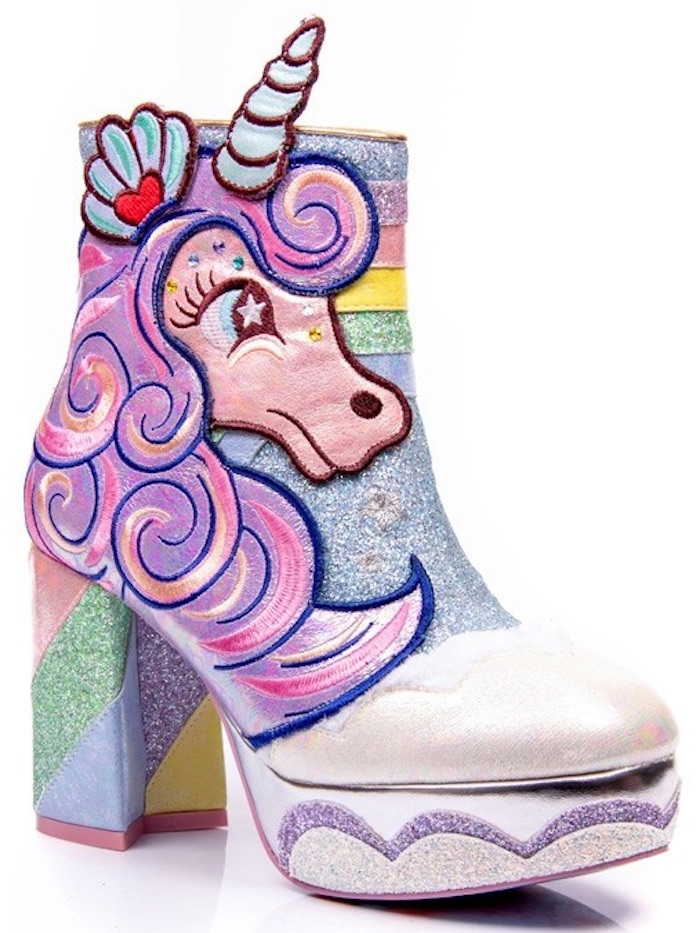 Irregular Choice Daisy Dreams boots showcase a whimsical unicorn appliqué with glitter finishes, rainbow panels, and sculptural block heels