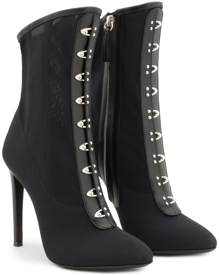 Crafted from fine mesh with leather trim, the Giuseppe Zanotti Janice ankle boots combine an almond toe, side zipper, and silver-tone hook-and-eye accents for a corset-inspired finish