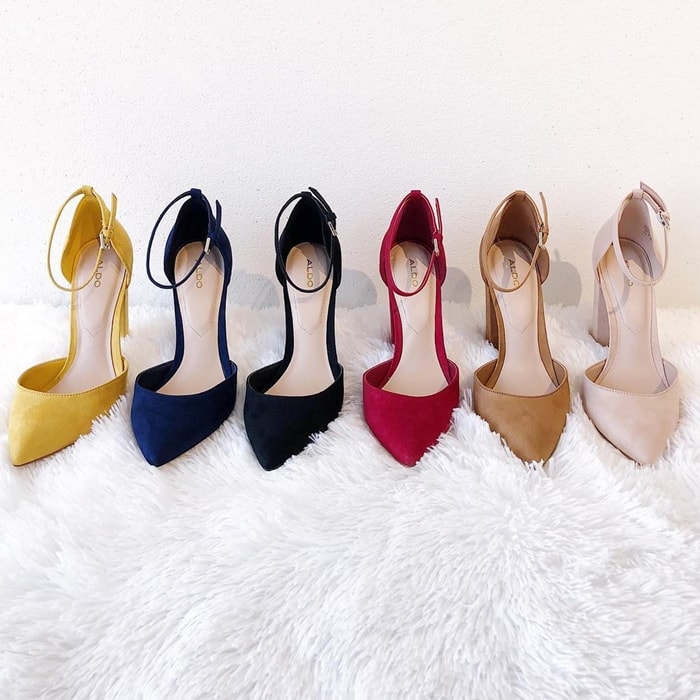 The Aldo “Nicholes” pointy-toe block heels were released in a range of versatile suede finishes, including mustard yellow, navy, black, deep berry, camel, and soft blush nude