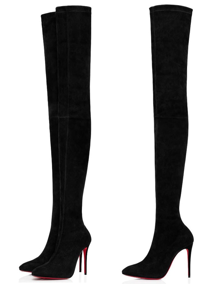 Christian Louboutin Elouix stretch thigh-high boots feature a streamlined black upper, pointed toe, slender stiletto heel, and signature red sole