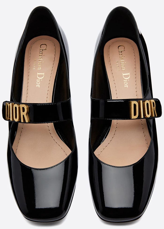 Christian Dior “Dior Baby-D” black-patent Mary Jane pumps with gold logo strap, originally retailing for $890, showcase a square toe and low block heel for a polished yet wearable finish