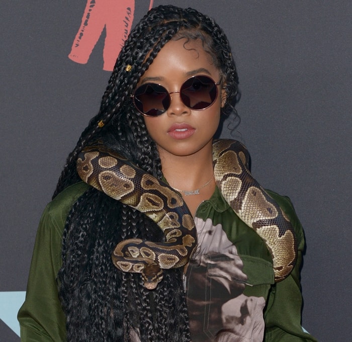H.E.R. arrived at the 2019 MTV Video Music Awards with a python draped across her shoulders, pairing the dramatic accessory with oversized round sunglasses and long waist-length braids