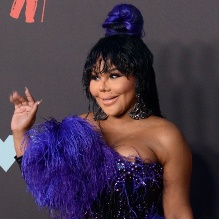 Lil' Kim waves on the red carpet at the 2019 MTV VMAs, stunning in a strapless purple-and-black feathered dress by The Blonds with bold statement earrings