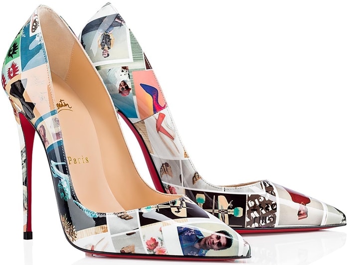 Christian Louboutin “So Kate” 120mm pumps in high-gloss patent leather, showcasing the multicolor archival collage print and iconic red sole