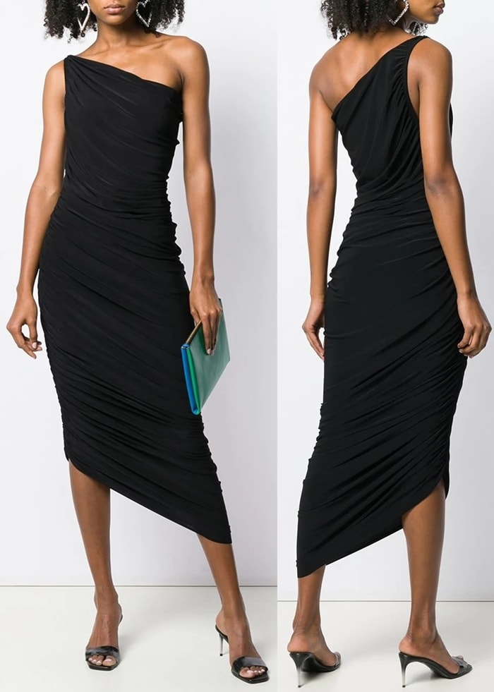 Norma Kamali's ruched one-shoulder dress features an asymmetrical hemline and body-skimming silhouette