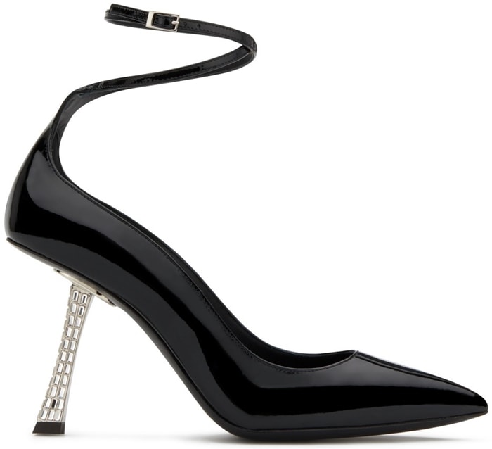 Decorated with a high sculpted heel covered in crystals, these black patent leather Farrah Strappy pumps from Giuseppe Zanotti are guaranteed to break rules in the best possible way