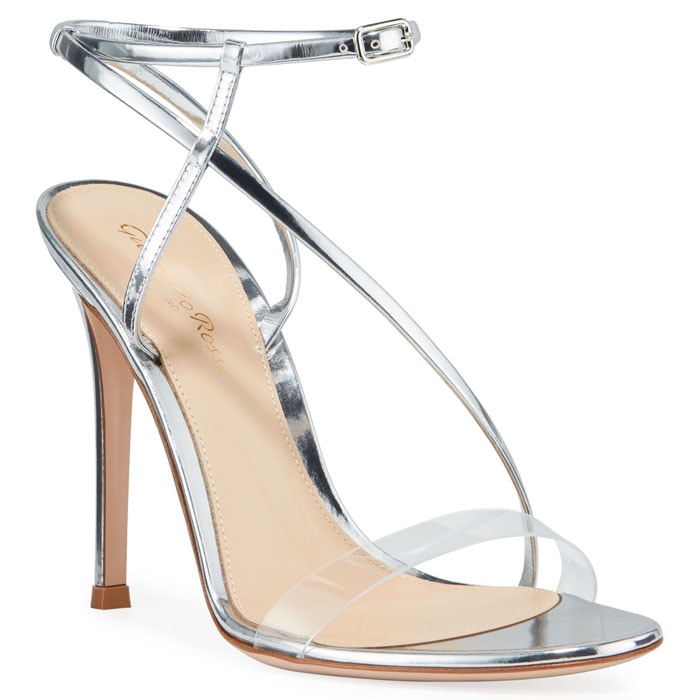 Gianvito Rossi metallic silver sandals with clear PVC straps and a slim stiletto heel, a minimalist design that became a red-carpet staple of the late 2010s