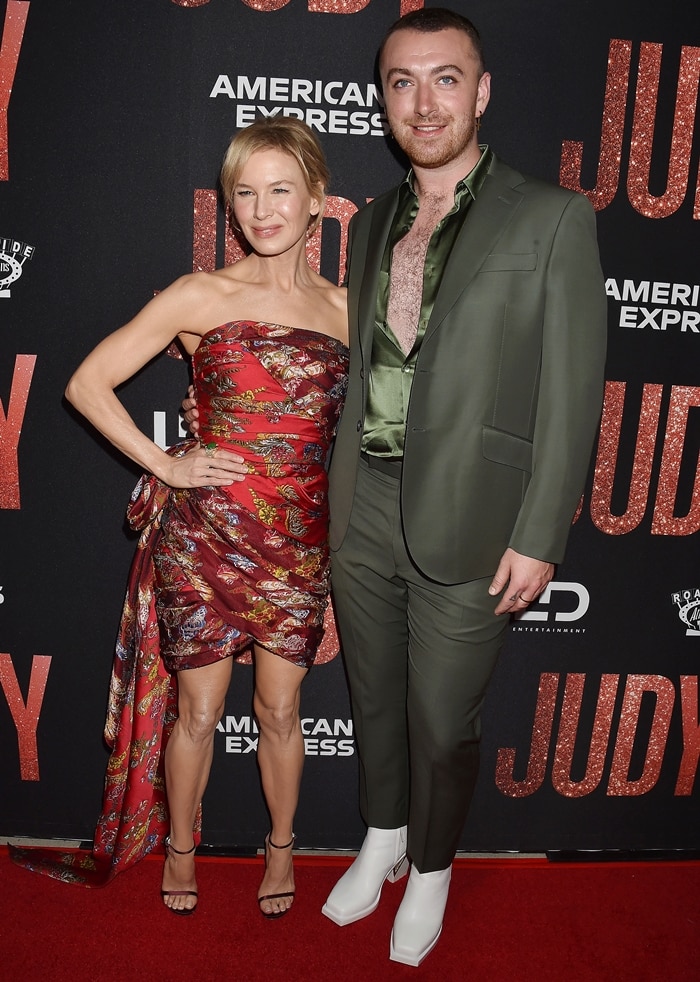 Renée Zellweger poses with Sam Smith at the Judy premiere in Beverly Hills on September 19, 2019