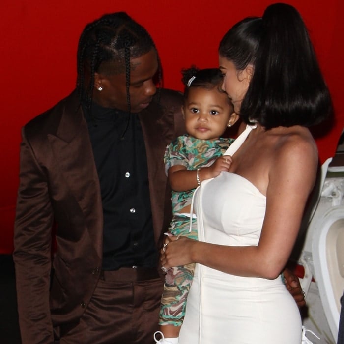 Stormi Webster, Travis Scott, and Kylie Jenner at the premiere of Look Mom I Can Fly at the Barker Hangar in Santa Monica, California, on August 27, 2019