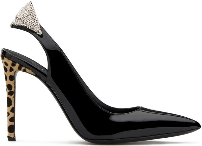 These high-heel, black patent leather slingback sandals are characterized by a crystal accessory in the back strap, and by the covered heel in natural, animal-print pony