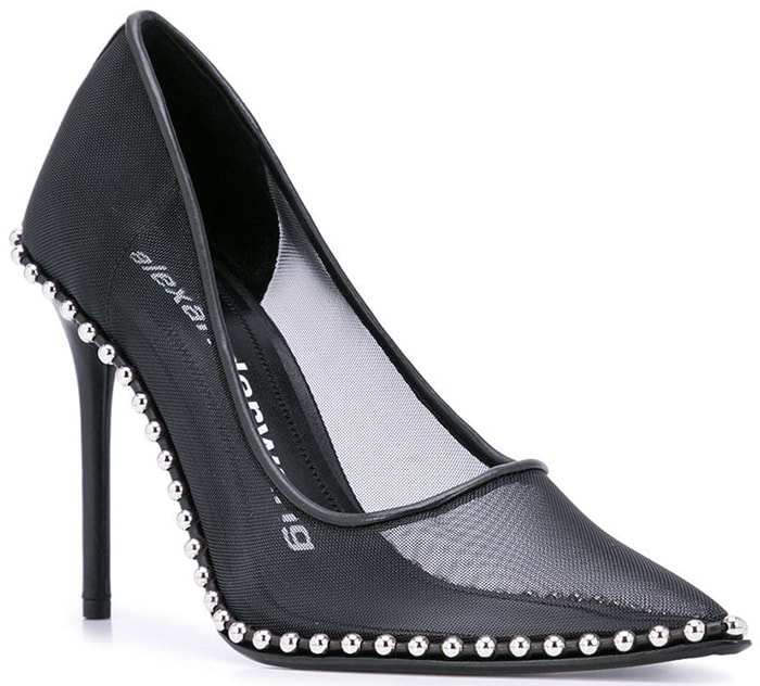 Silvery ball studs—an edgy detail seen in Alexander Wang's ready-to-wear collections—highlight the sharply pointed toe of this ultra-versatile stiletto