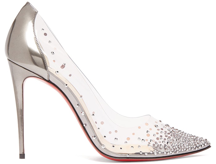 Christian Louboutin’s ‘Degrastrass’ pumps combined clear vinyl, metallic leather, and Swarovski embellishments for a modern Cinderella-inspired take on the classic pointed-toe stiletto